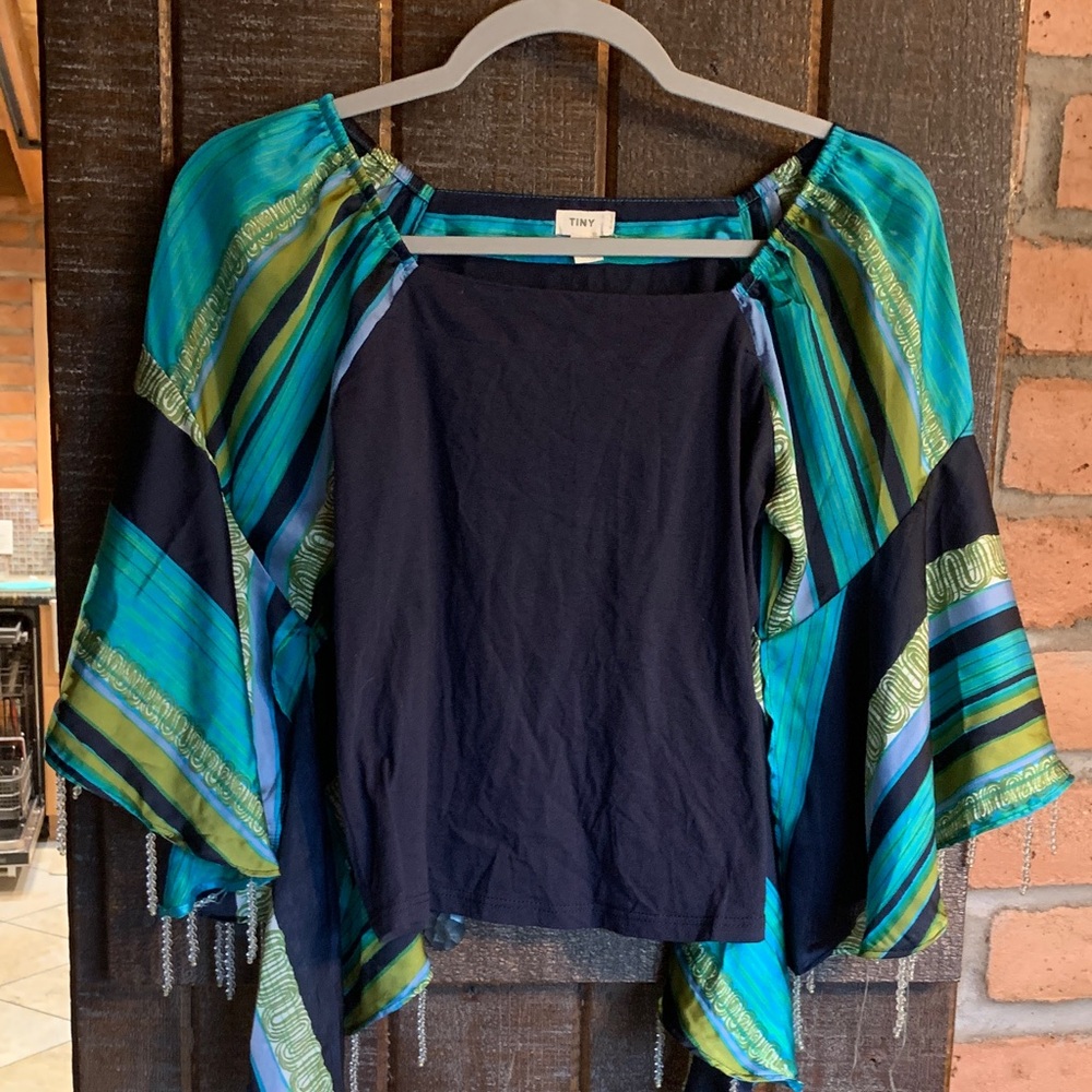 Anthropologie TINY Blue Green Beaded Bell Sleeve Top Size XS Flowy Boho Coastal